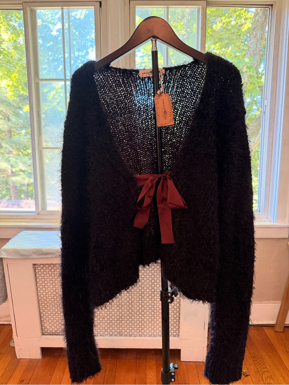 NATURAL LIFE Black Fuzzy Open Cardigan with Burgundy Bow Tie